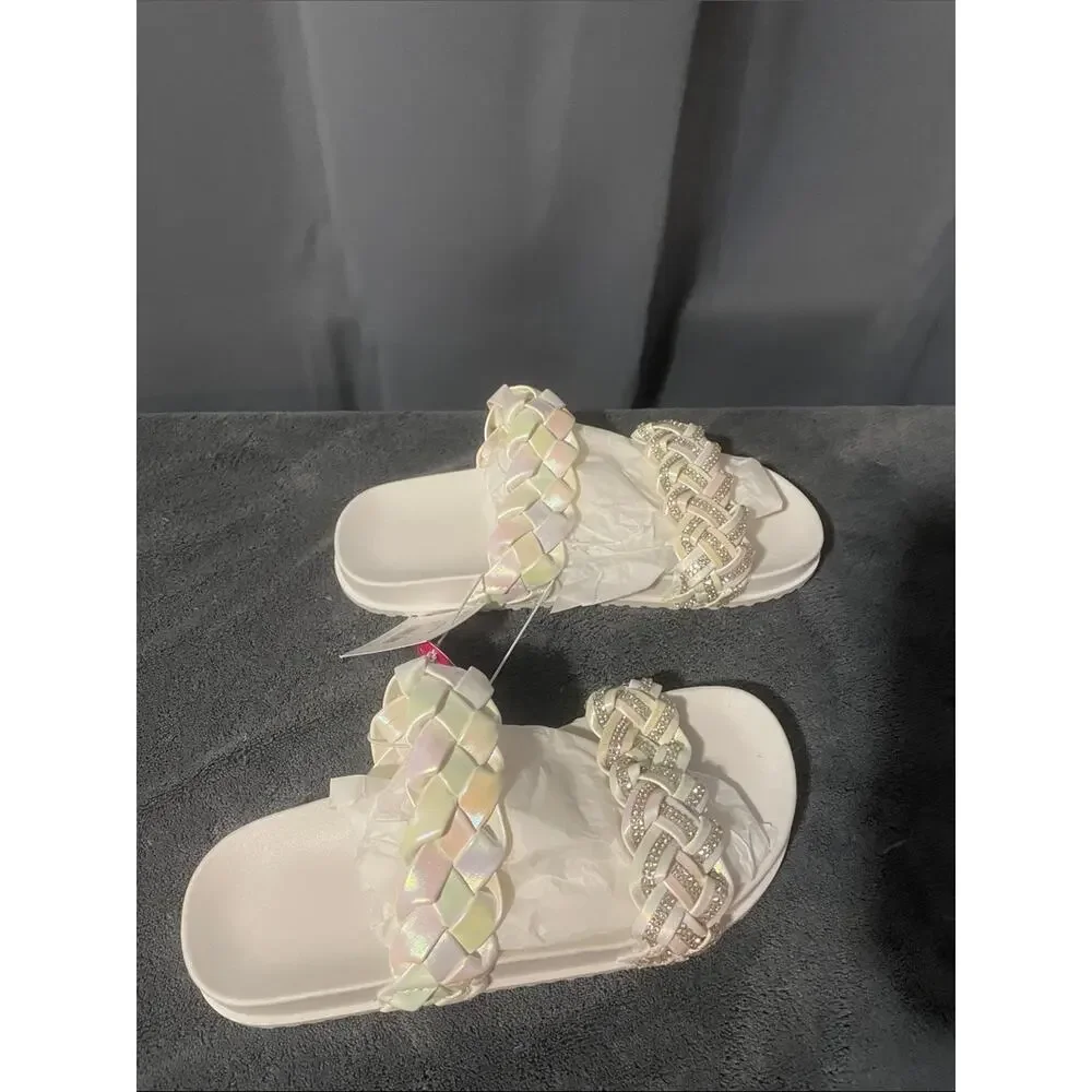 NWT Size 3 Elli by Capelli Iridescent Braided Double-Strap Slide Sandals - White